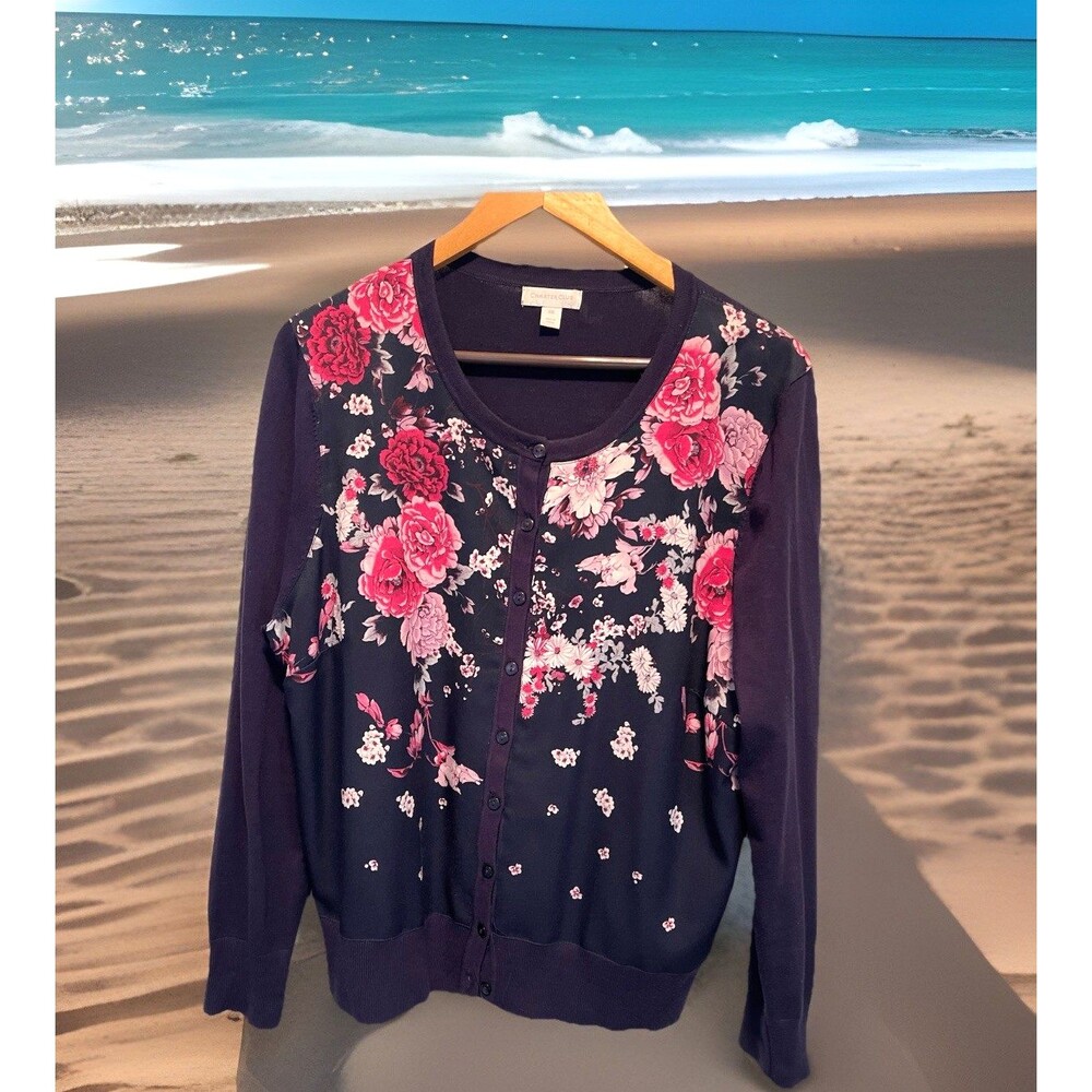 Charter Club Navy Blue Pink Floral Cardigan Button Front LS Classic Ladies XXL